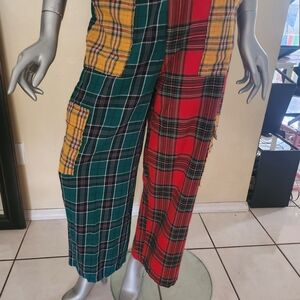 Plaid Patchwork Pants - Red, Green, and Yellow